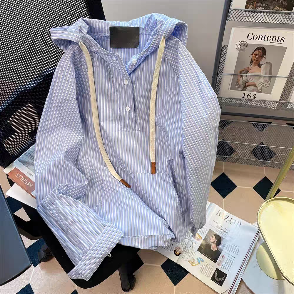 【tops】ストライプ柄フード付きシャツパーカーG23271