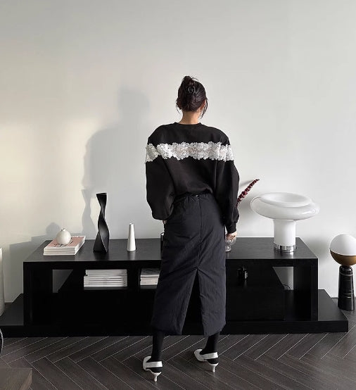 【tops】ラウンドネック切り替えレース長袖パーカーG23296