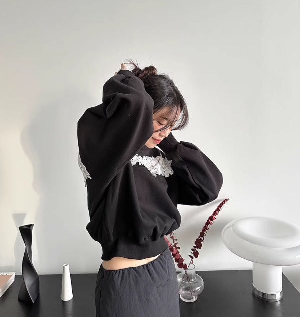 【tops】ラウンドネック切り替えレース長袖パーカーG23296