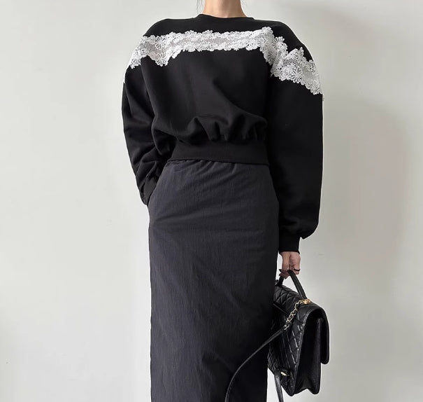 【tops】ラウンドネック切り替えレース長袖パーカーG23296