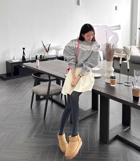 【tops】ラウンドネック切り替えレース長袖パーカーG23296