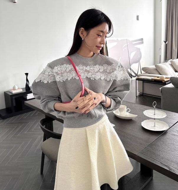 【tops】ラウンドネック切り替えレース長袖パーカーG23296