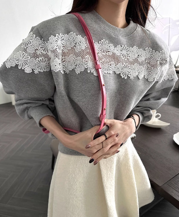 【tops】ラウンドネック切り替えレース長袖パーカーG23296