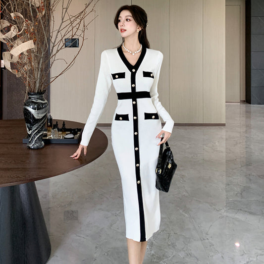 【dress】VネックタイトニットワンピースG23308