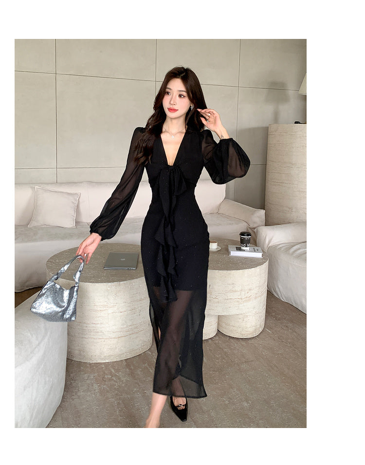 【dress】Vネック長袖フリルデートワンピースG23318