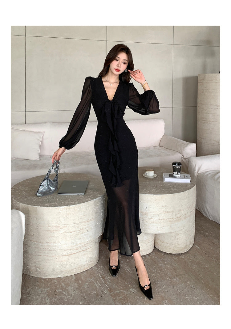 【dress】Vネック長袖フリルデートワンピースG23318