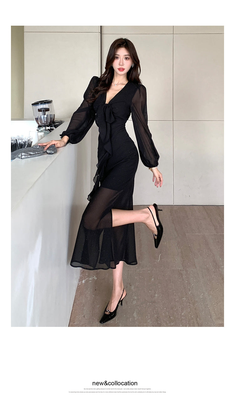 【dress】Vネック長袖フリルデートワンピースG23318