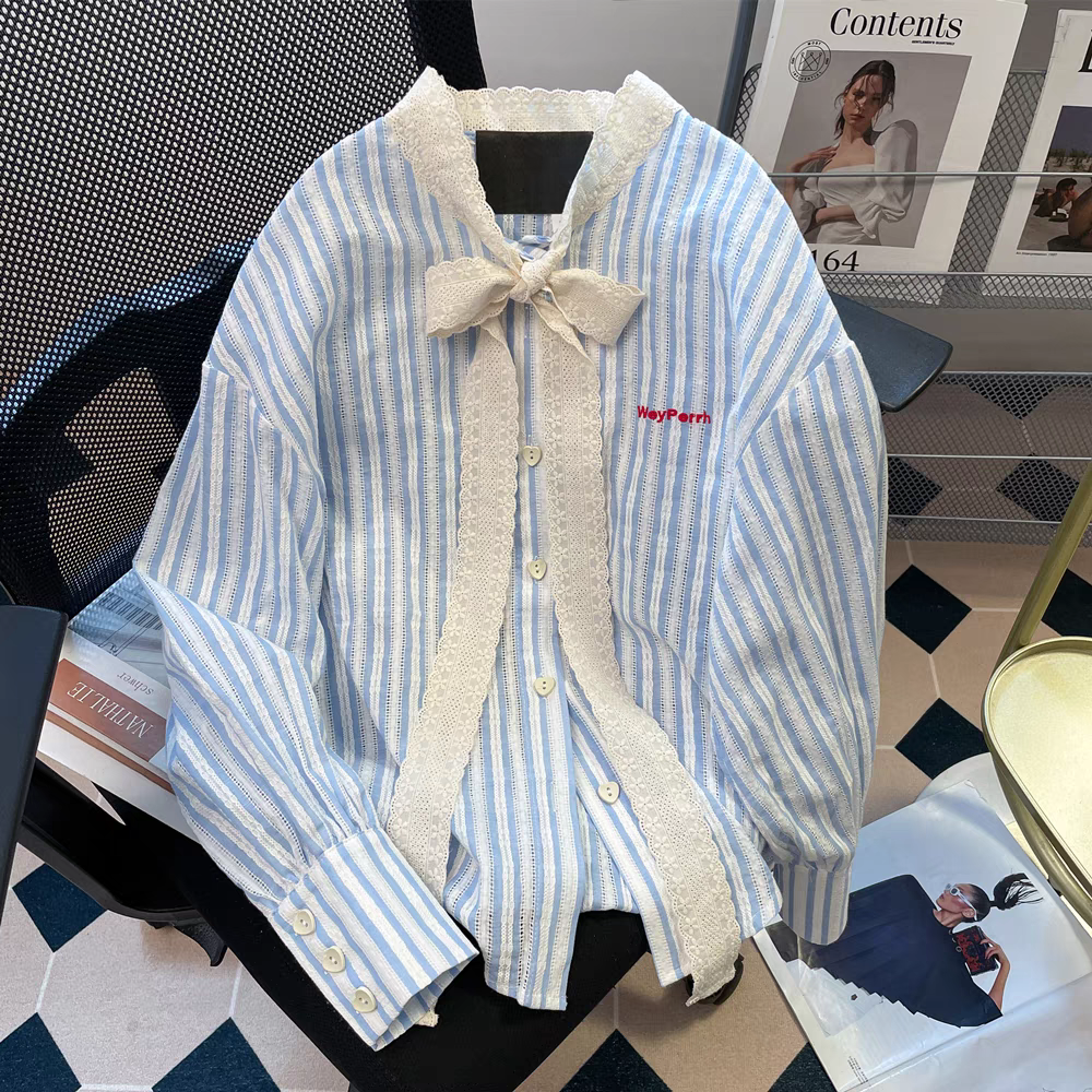 【tops】リボンストライプ柄春秋長袖シャツG23323