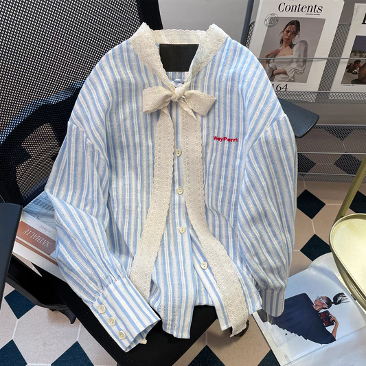 【tops】リボンストライプ柄春秋長袖シャツG23323