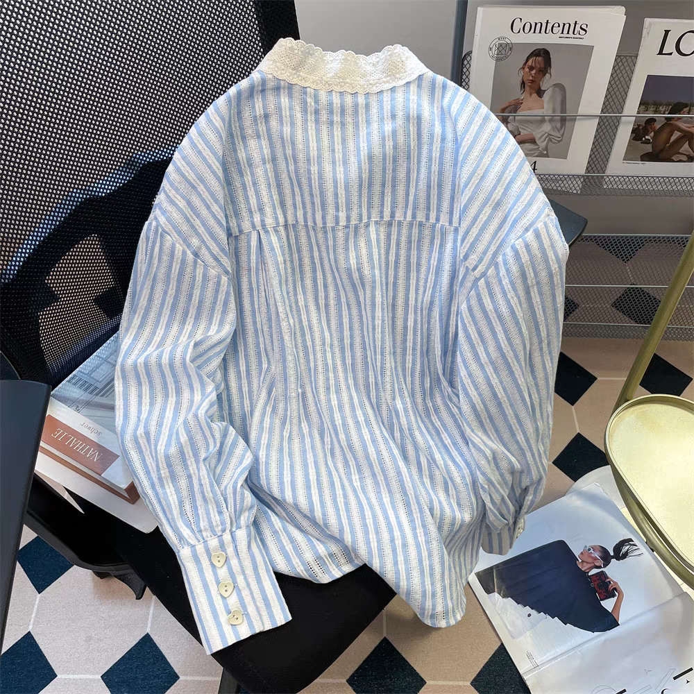 【tops】リボンストライプ柄春秋長袖シャツG23323