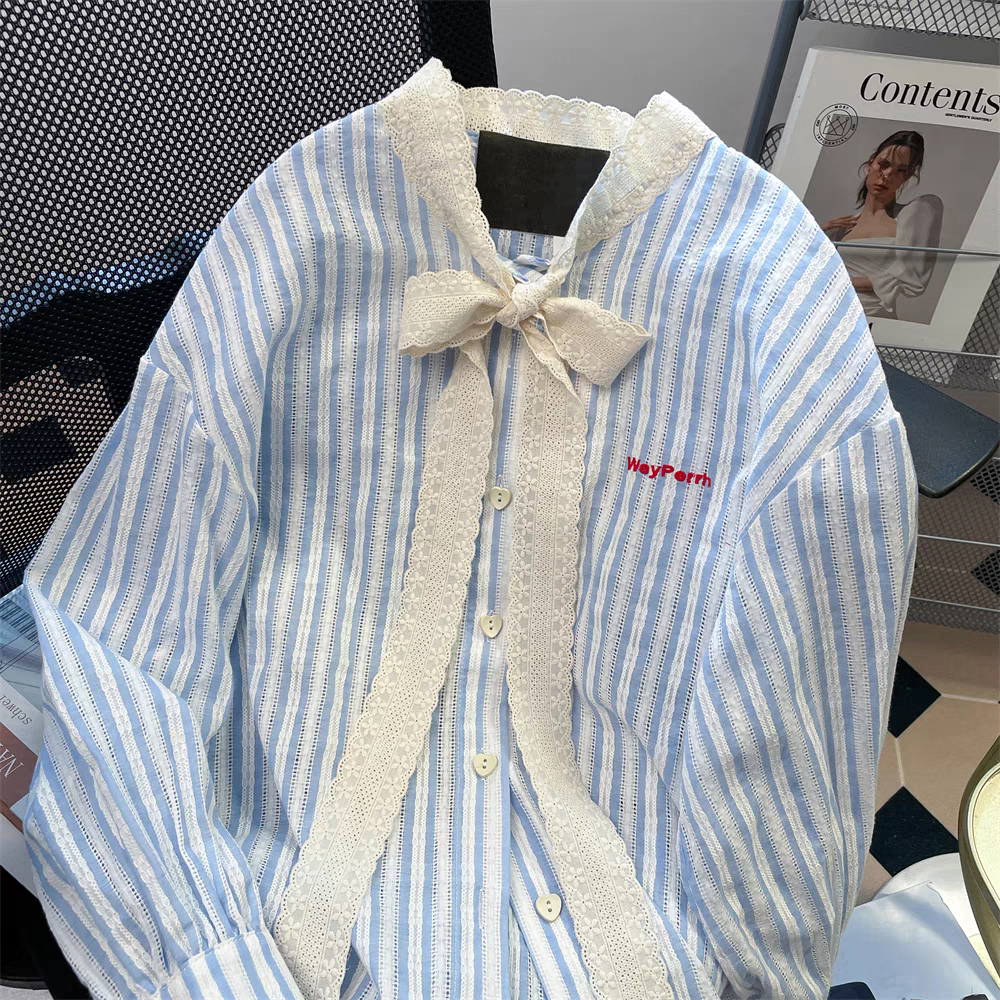 【tops】リボンストライプ柄春秋長袖シャツG23323