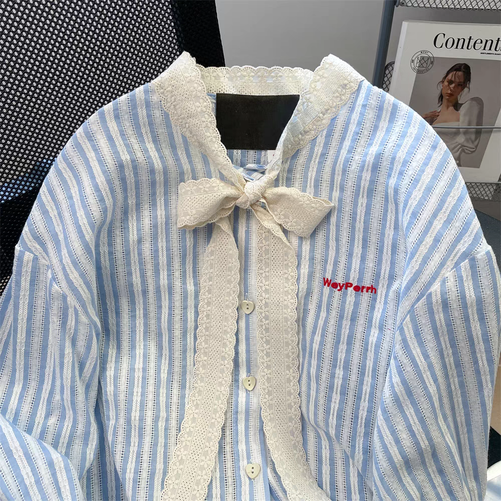 【tops】リボンストライプ柄春秋長袖シャツG23323