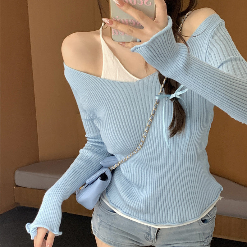 【tops】偽二つ切り替えニットトップスG23326