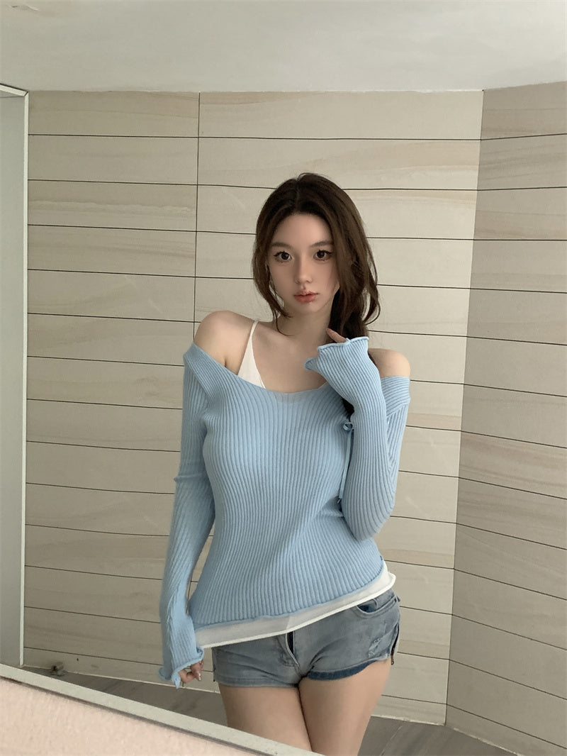 【tops】偽二つ切り替えニットトップスG23326