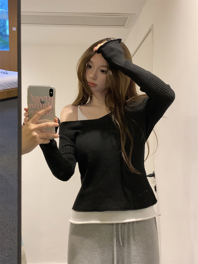 【tops】偽二つ切り替えニットトップスG23326