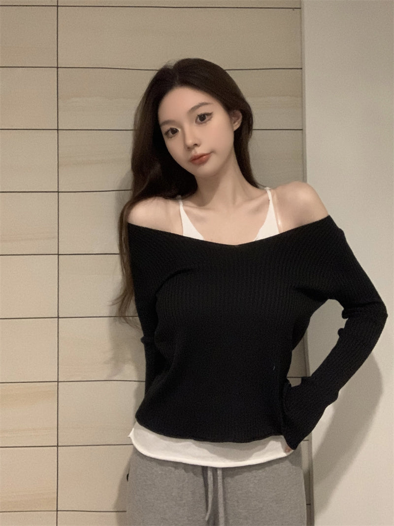 【tops】偽二つ切り替えニットトップスG23326