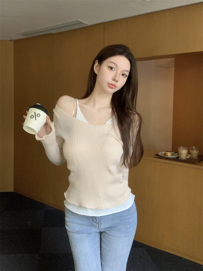 【tops】偽二つ切り替えニットトップスG23326