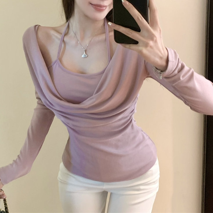 【tops】偽二つ切り替え秋長袖TシャツG23327
