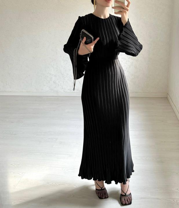 【dress】ラウンドネックフレアスリーブワンピースF8119