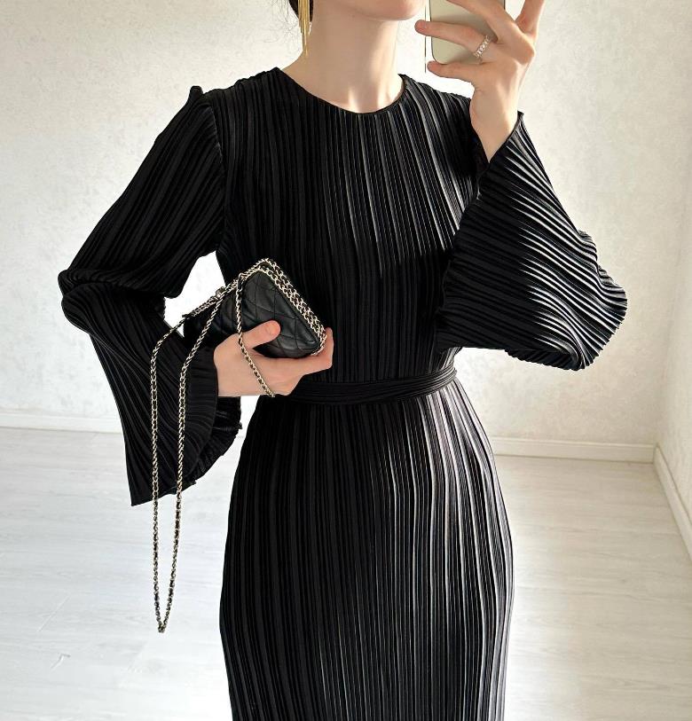 【dress】ラウンドネックフレアスリーブワンピースF8119