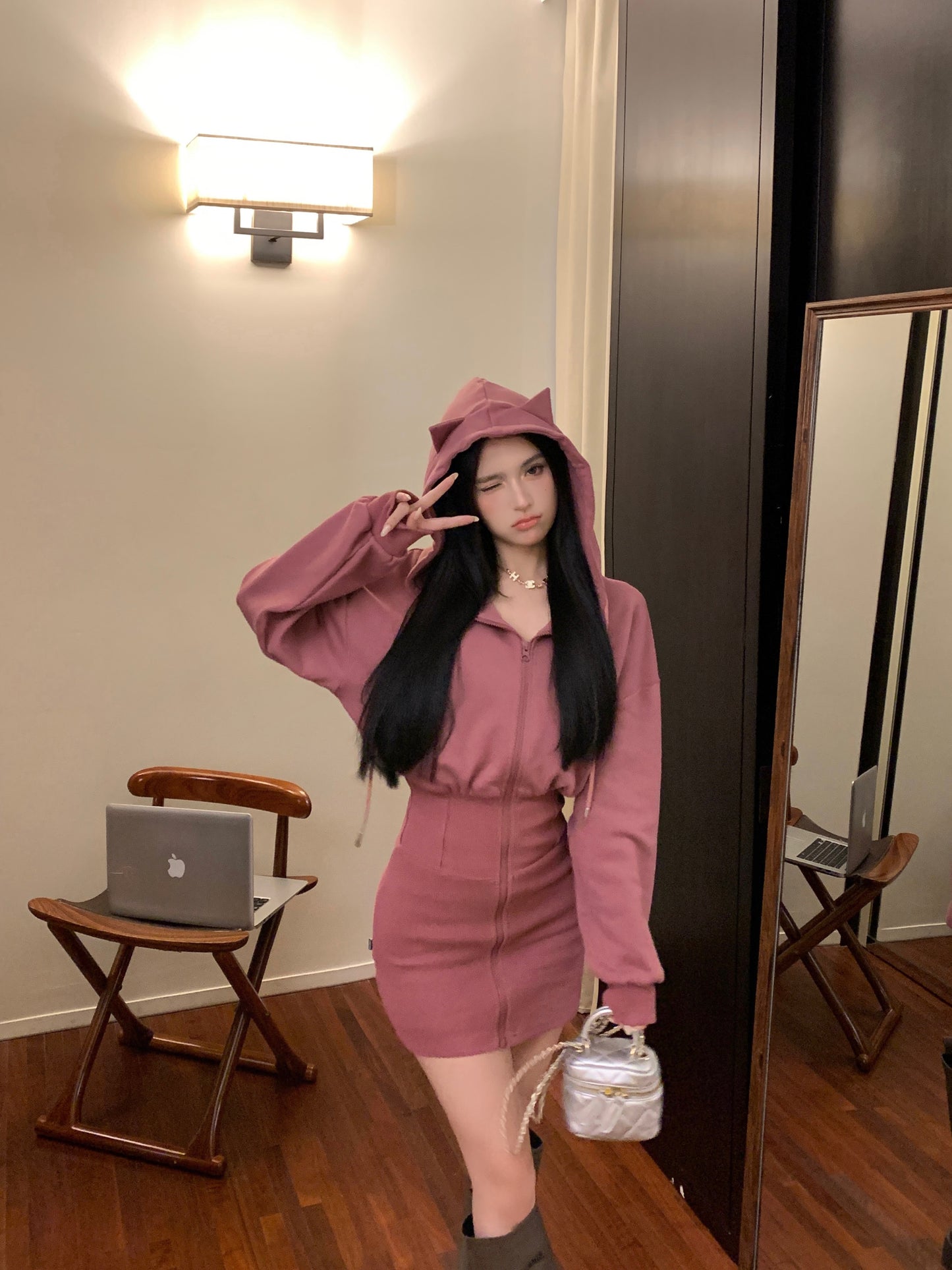 【dress】フード付き長袖デートワンピースG23330