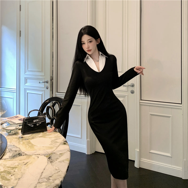 【dress】Vネック切り替え長袖デートワンピースG23335