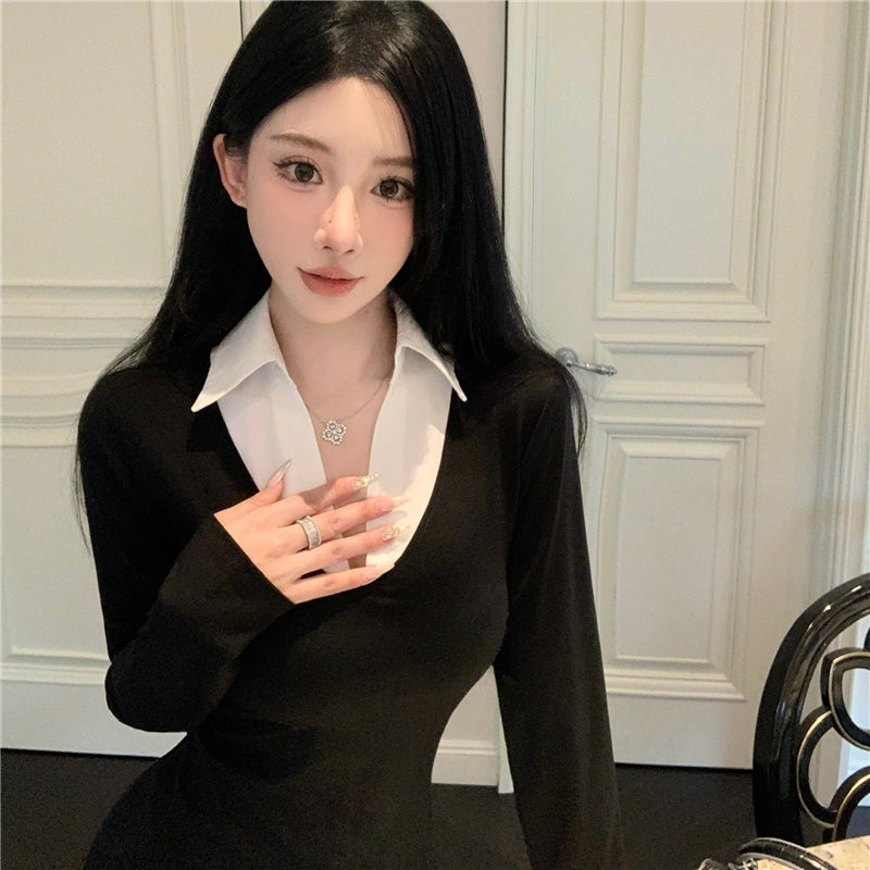 【dress】Vネック切り替え長袖デートワンピースG23335