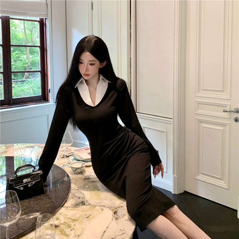 【dress】Vネック切り替え長袖デートワンピースG23335