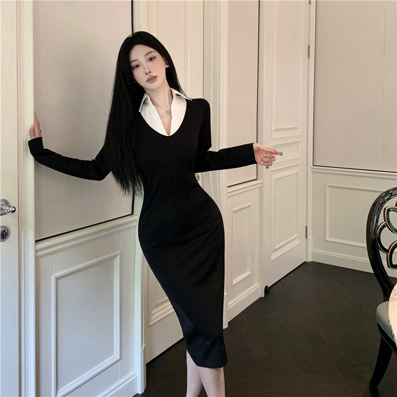 【dress】Vネック切り替え長袖デートワンピースG23335