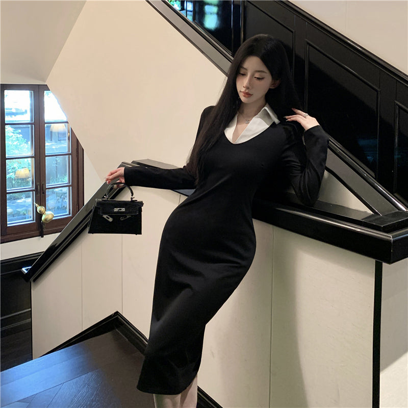 【dress】Vネック切り替え長袖デートワンピースG23335