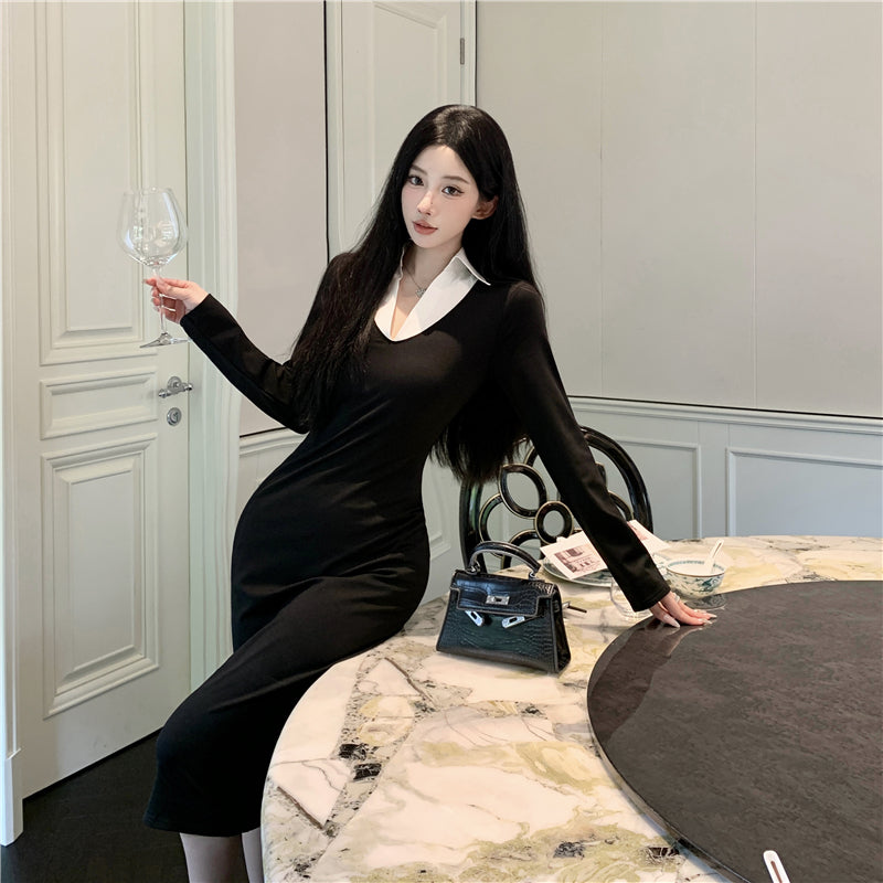 【dress】Vネック切り替え長袖デートワンピースG23335