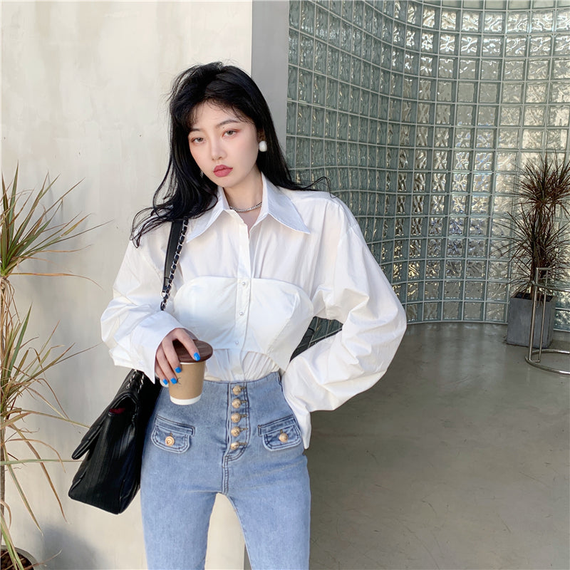 【tops】デザイン偽二つ切り替えシャツG23340