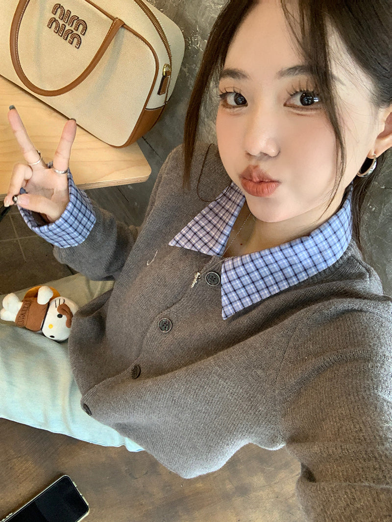 【outer】偽二つ切り替え長袖ニットカーディガンG23345