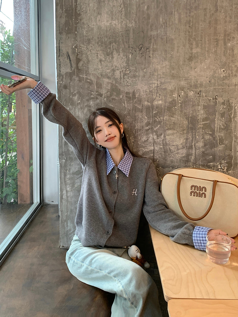 【outer】偽二つ切り替え長袖ニットカーディガンG23345