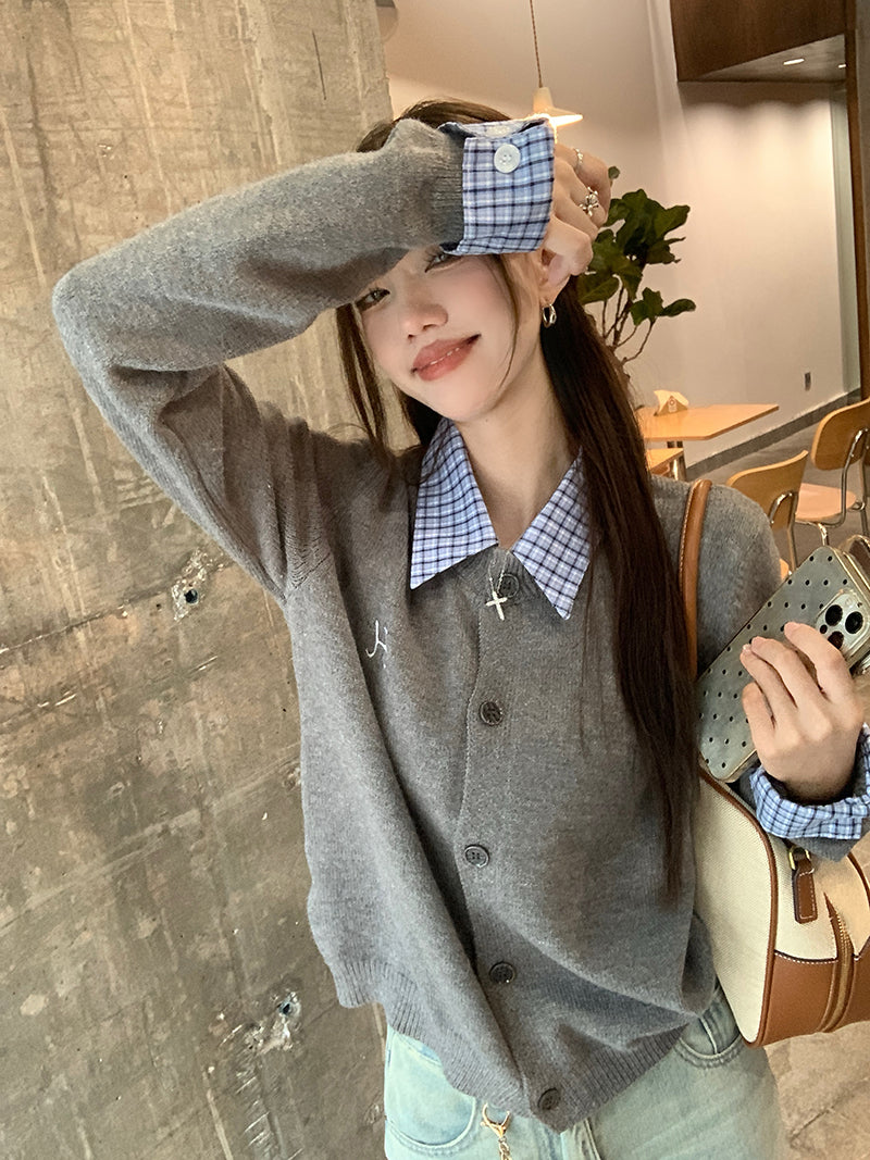 【outer】偽二つ切り替え長袖ニットカーディガンG23345