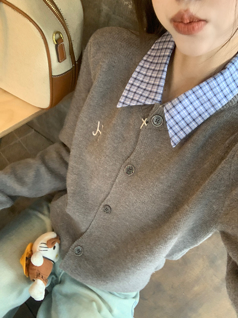 【outer】偽二つ切り替え長袖ニットカーディガンG23345