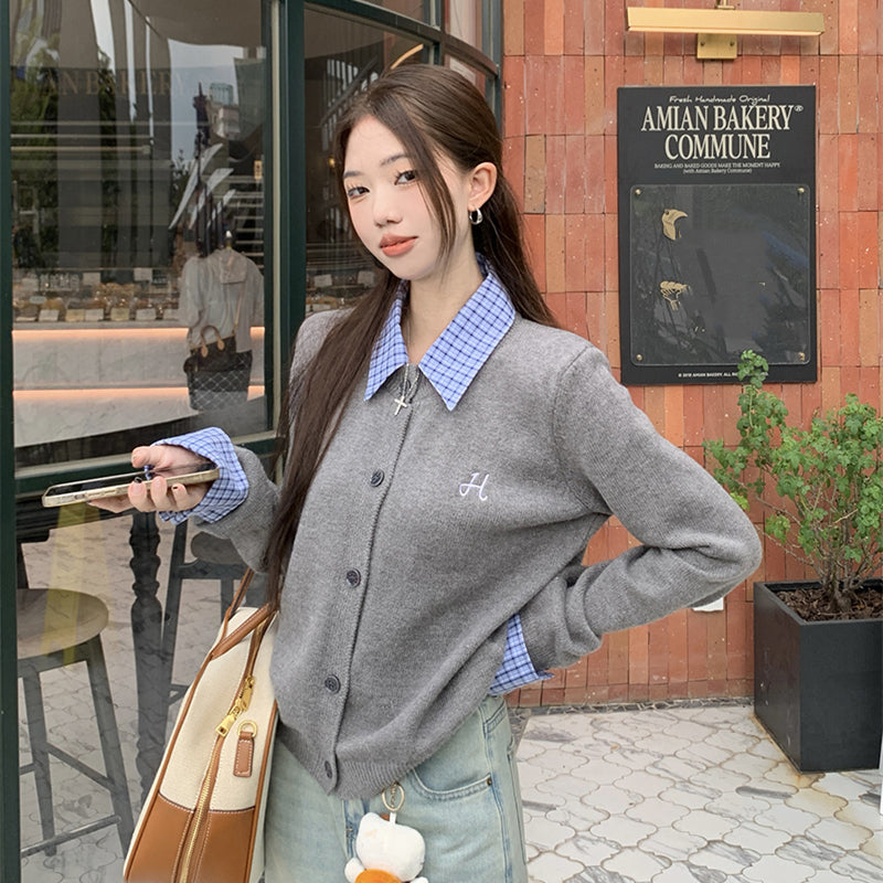 【outer】偽二つ切り替え長袖ニットカーディガンG23345