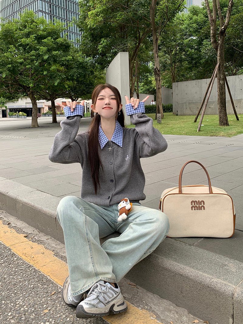 【outer】偽二つ切り替え長袖ニットカーディガンG23345