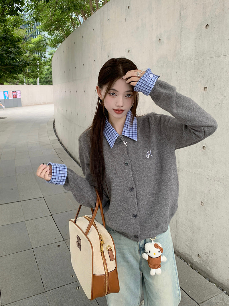 【outer】偽二つ切り替え長袖ニットカーディガンG23345