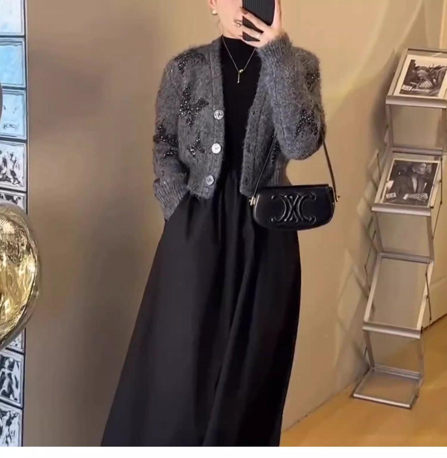 【outer】VネックリボンニットカーディガンG23458