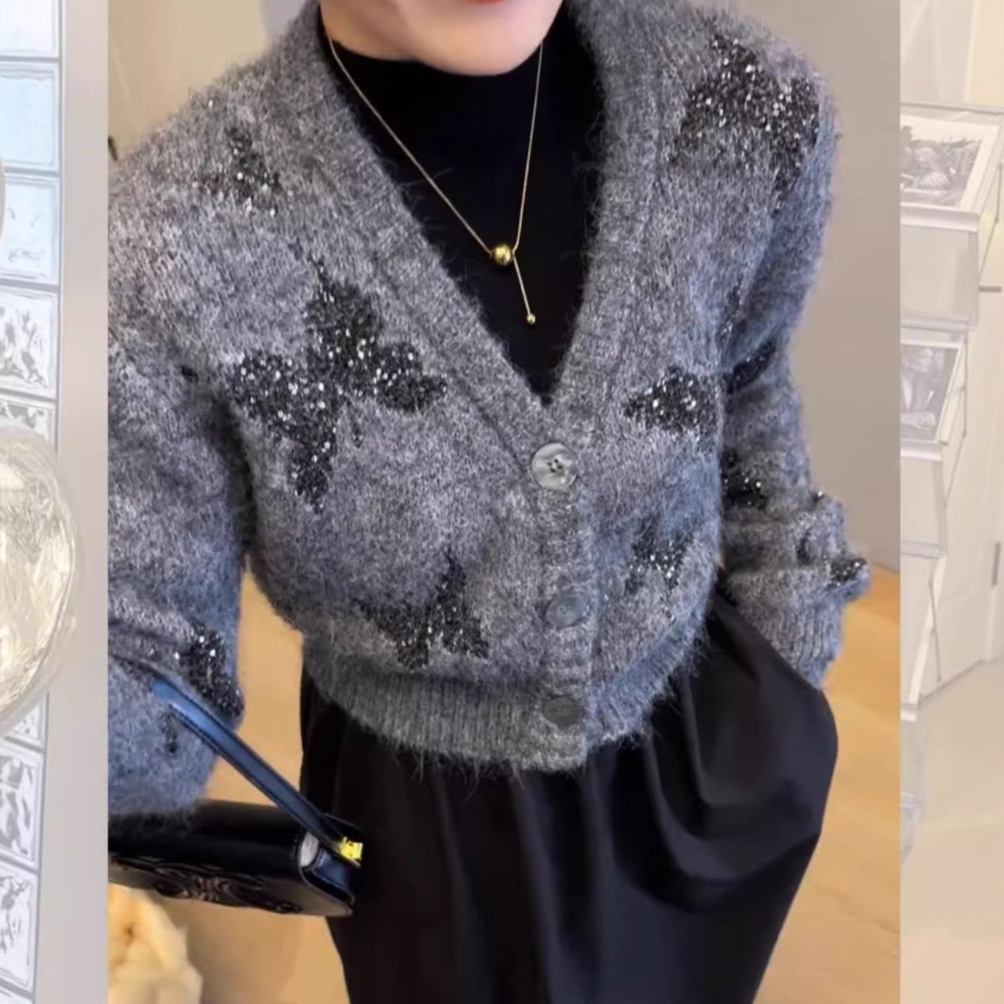 【outer】VネックリボンニットカーディガンG23458