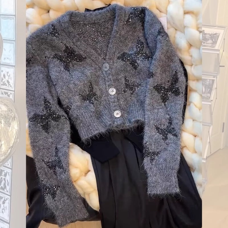 【outer】VネックリボンニットカーディガンG23458