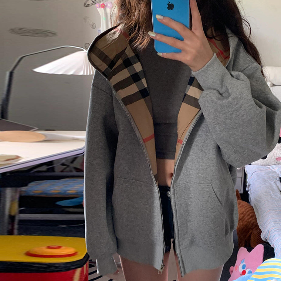 【tops】チェック柄フード付きパーカーG23467