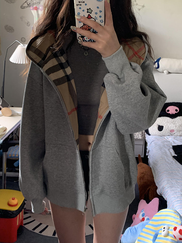 【tops】チェック柄フード付きパーカーG23467