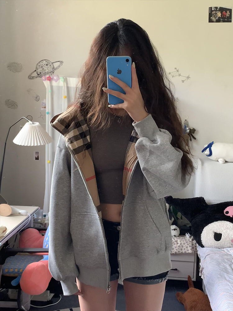 【tops】チェック柄フード付きパーカーG23467