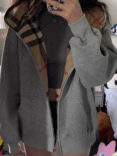 【tops】チェック柄フード付きパーカーG23467