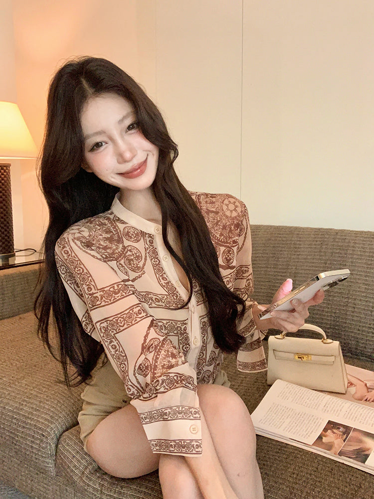 【tops】レトロラウンドネック長袖ブラウスG23545