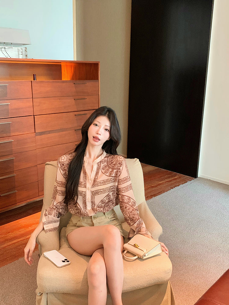 【tops】レトロラウンドネック長袖ブラウスG23545