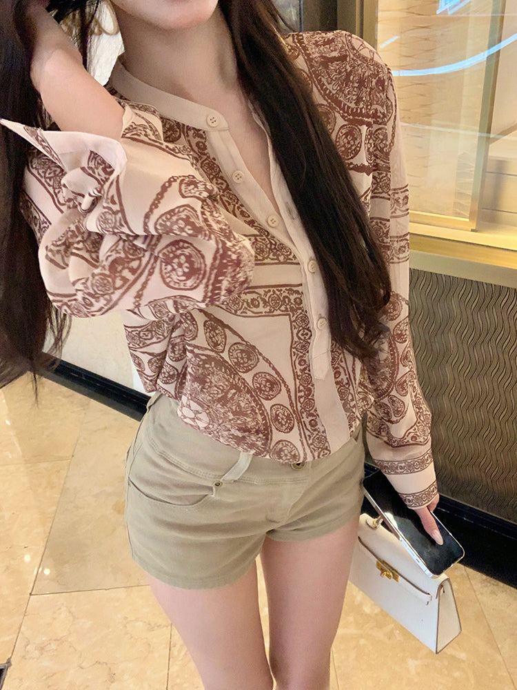 【tops】レトロラウンドネック長袖ブラウスG23545