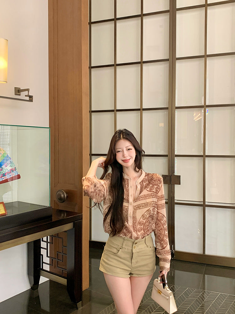 【tops】レトロラウンドネック長袖ブラウスG23545